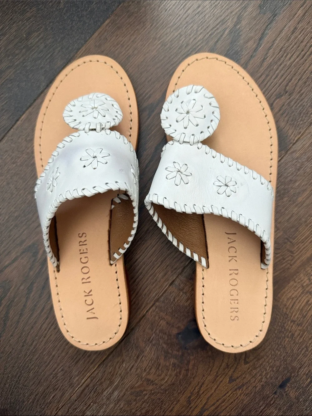 Jack Rogers Girls White Leather Slide Sandals with Floral Medallions